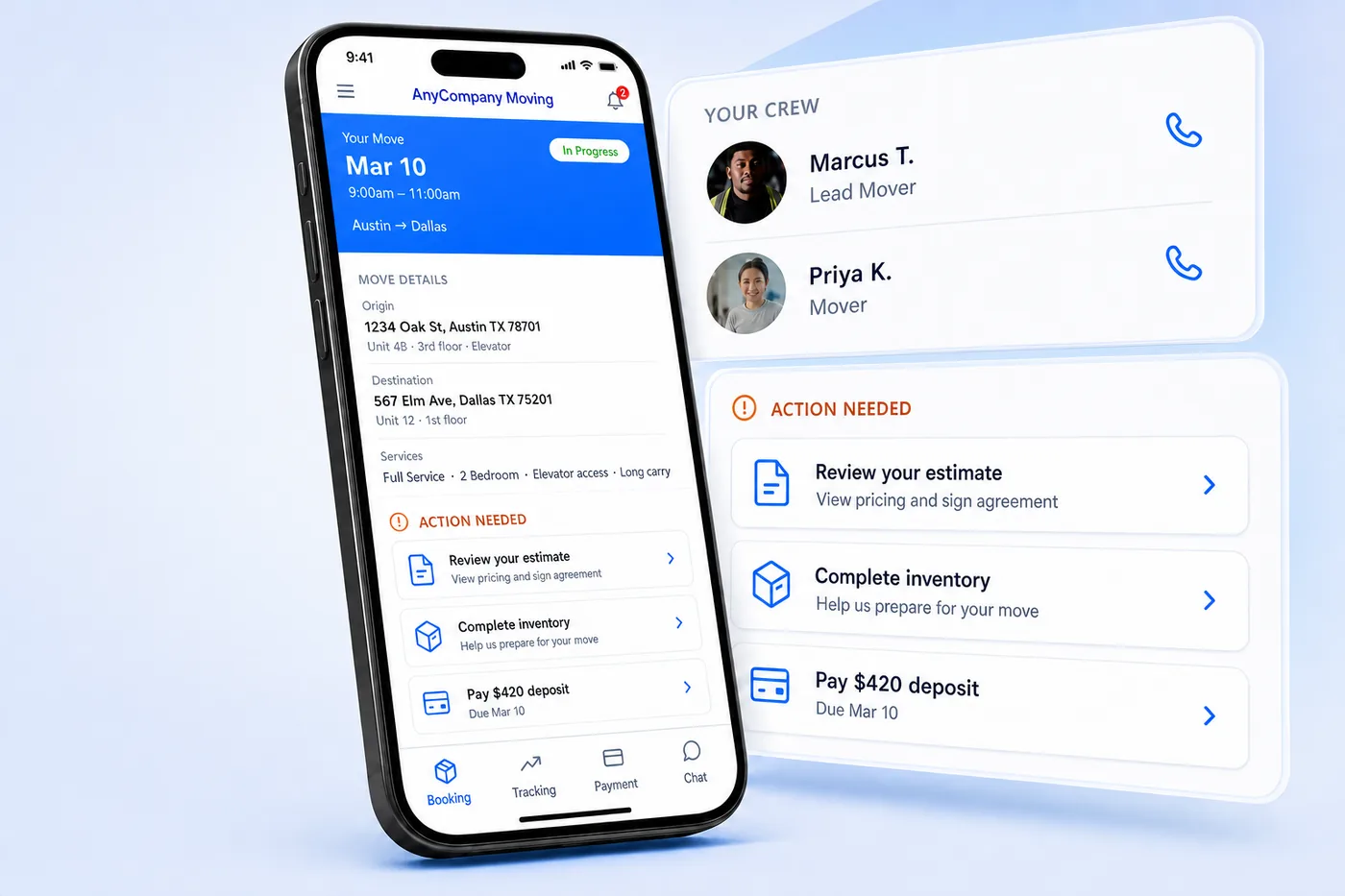 Customer app showing a branded move with the assigned crew and a clear list of next steps
